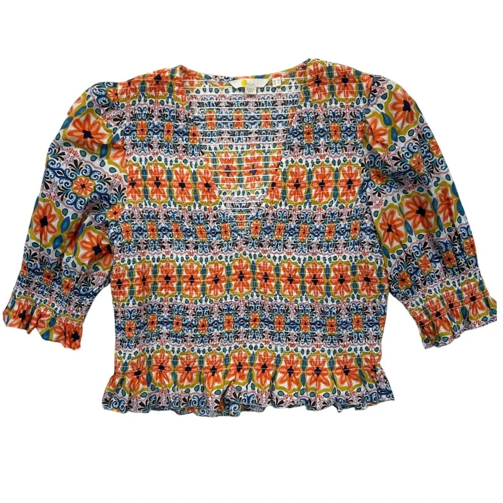 Boden‎ Crop Top Womens 14 Multi Color Smocked Bodice Puff Sleeve Cotton Boho